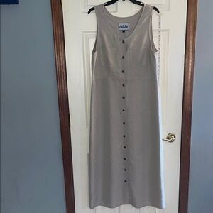 VTG-Ashly Brent-L-Tan-button-down, sleeveless, maxi, Prairie,lagenlook, dress.